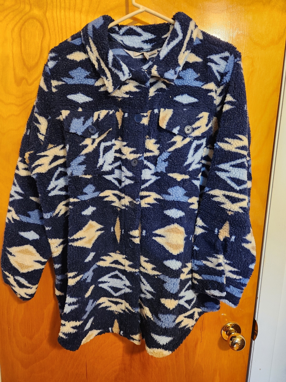 New Woman Within 22W Sherpa Shirt Jacket - Navy, Light Blue & Cream